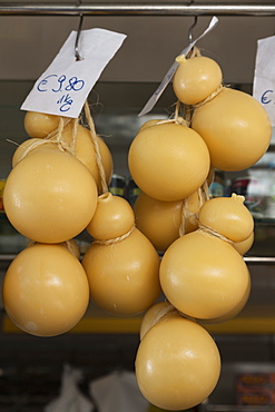 Caciocavallo cheese for sale in a market in Martina Franca, Puglia, Italy, Europe