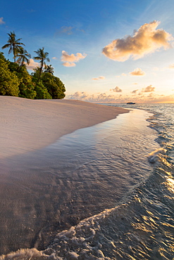 Morning light on a deserted beach on an island in the Northern Huvadhoo Atoll, Maldives, Indian Ocean, Asia