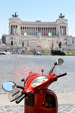 Scooter parked in Piazza Venezia with the Victor Emmanuel Monument, Rome, Lazio, Italy, Europe