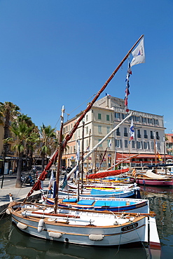 Traditional fishing boats moored in the harbour at Sanary-sur-Mer, Provence, France, Europe