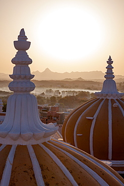 Domes of Deogarh Mahal Palace hotel at dawn, Deogarh, Rajasthan, India, Asia