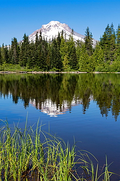 Mount Hood, part of the Cascade Range, reflected in the still waters of Mirror Lake, Pacific Northwest region, Oregon, United States of America, North America