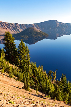 Wizard Island and the still waters of Crater Lake, the deepest lake in the U.S.A., part of the Cascade Range, Oregon, United States of America, North America