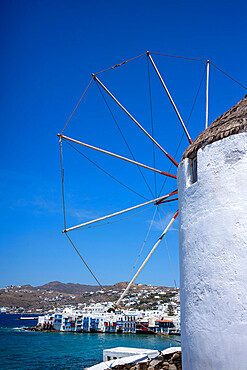 Traditional 16th century windmill and waterfront houses in Venitia (Little Venice) in Mykonos Old Town, Mykonos, The Cyclades, Aegean Sea, Greek Islands, Greece, Europe