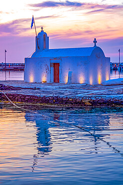 Panagia Myrtidiotissa church, at dusk, in the harbour in Naxos Town, Naxos, the Cyclades, Aegean Sea, Greek Islands, Greece, Europe