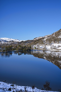 Winter snow at Rydal Water in the Lake District National Park.