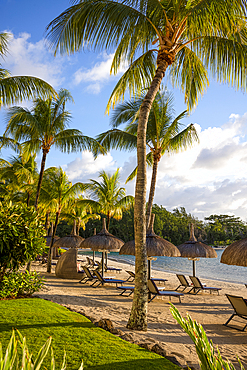 Palm trees and beach at Le Touessrok resort, at Trou d'Eau Douce, on the exotic island of Mauritius in the Indian Ocean