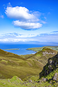 The rugged hills of the Trotternish escarpment on the northernmost peninsula of the Isle of Skye, Inner Hebrides, Scotland.