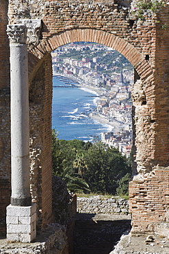 Greek Theatre and view of Giardini Naxos, Taormina, Sicily, Italy, Europe