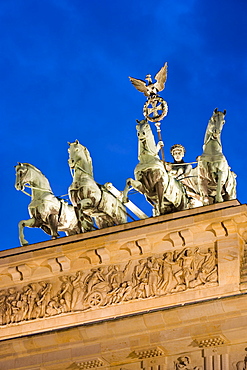 Statue, Brandenburg Gate (Brandenburger Tor) at dusk, Pariser Platz, Berlin, Germany, Europe