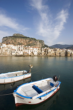 Traditional fishing boats and fishermens houses, harbour, Cefalu, Sicily, Italy, Europe