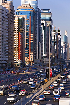 Sheikh Zayed Road, traffic and new high rise buildings along Dubai's main road, Dubai, United Arab Emirates, Middle East