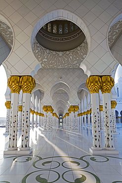 Gilded columns of Sheikh Zayed Bin Sultan Al Nahyan Mosque, Abu Dhabi, United Arab Emirates, Middle East