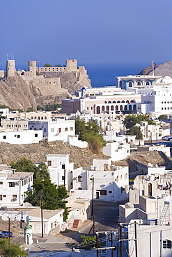 Elevated view over Muscat, Al-Mirani fort, government buildings and the Sultan's Palace, Muscat, Oman, Middle East