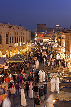 The restored Souq Waqif with mud rendered shops and exposed timber beams, Doha, Qatar, Middle East