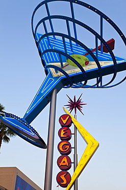 Neon Vegas sign at dusk, Downtown, Freemont East Area, Las Vegas, Nevada, United States of America, North America