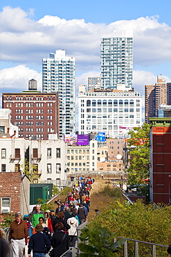 People walking on the High Line, a one-mile New York City park on a section of former elevated railroad along the Lower West Side, New York City, New York, United States of America, North America