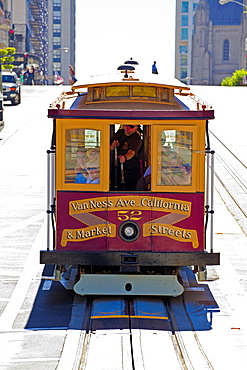 Cable car crossing California Street, San Francisco, California, United States of America, North America