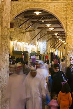 The restored Souq Waqif with mud rendered shops and exposed timber beams, Doha, Qatar, Middle East