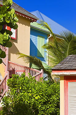 Colourfully painted buildings at Orient Beach, St. Martin (St. Maarten), Leeward Islands, West Indies, Caribbean, Central America