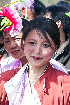 Woman in traditional dress during the celebrations on the 100th anniversary of the birth of President Kim Il Sung, April 15th 2012, Pyongyang, Democratic People's Republic of Korea (DPRK), North Korea, Asia