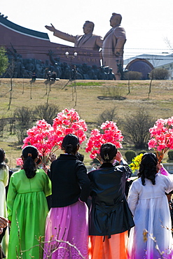 Street celebrations in front of the statues of the Great Leaders on the 100th anniversary of the birth of President Kim Il Sung, April 15th 2012, Pyongyang, Democratic People's Republic of Korea (DPRK), North Korea, Asia