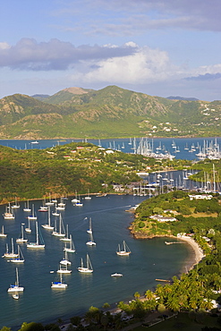 Elevated view of English Harbour from Shirley Heights looking towards Nelson's Dockyard, Antigua, Leeward Islands, West Indies, Caribbean, Central America