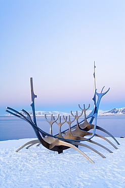 Looking towards snow capped mountains in the distance, Reykjavik, Iceland, Polar Regions