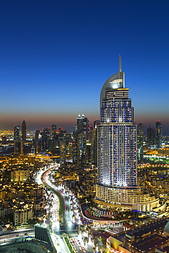 Dubai Mall, elevated dusk view over the Address and city skyline, Dubai, United Arab Emirates, Middle East