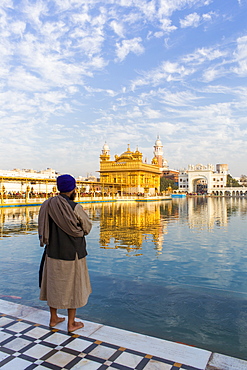 Sikh at The Golden Temple (Harmandir Sahib) and Amrit Sarovar (Pool of Nectar) (Lake of Nectar), Amritsar, Punjab, India, Asia