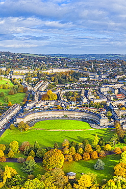 Aerial view by drone over the Georgian city of Bath, Royal Victoria Park and Royal Cresent, UNESCO World Heritage Site, Bath, Somerset, England, United Kingdom, Europe