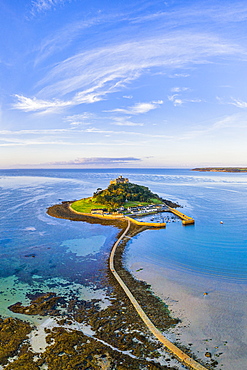 Aerial view over Saint Michael's Mount, Marazion, near Penzance, Cornwall, England, United Kingdom, Europe