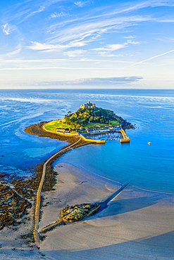 Aerial view over Saint Michael's Mount, Marazion, near Penzance, Cornwall, England, United Kingdom, Europe