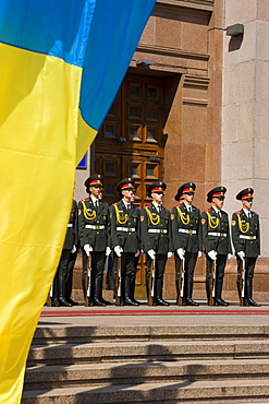 Independence Day, Ukrainian national flags flying in Maidan Nezalezhnosti (Independence Square), Kiev, Ukraine, Europe