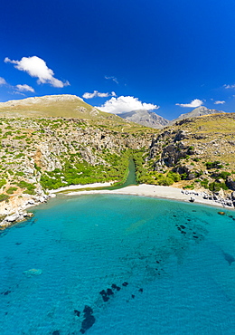 Aerial photo by drone of Preveli beach, Retymno, Crete Island, Greek Islands, Greece, Europe