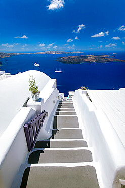 Santorini, stairs with a view to the sea and Caldera, Santorini, Cyclades, Greek Islands, Greece, Europe