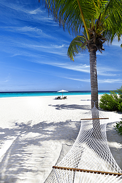 Tropical beach, landscape with hammock and white sand, The Maldives, Indian Ocean, Asia