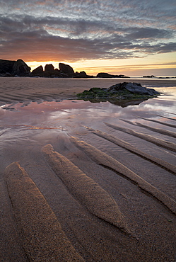 Sunset over Porthcothan Beach in North Cornwall, England, United Kingdom, Europe