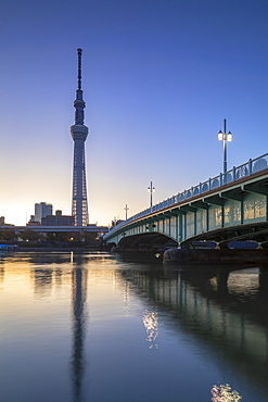 Skytree and Sumida River at dawn, Tokyo, Honshu, Japan, Asia