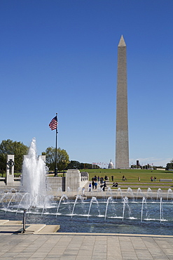 World War II Monument in the foreground, Washington Monument in background, Washington D.C., United States of America, North America