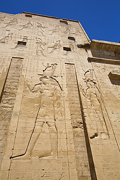 Bas Relief of God Horus on the left, First Pylon, Temple of Horus, Edfu, Egypt, North Africa, Africa