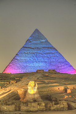 Light Show, Sphinx, Khafre Pyramid in the background, Great Pyramids of Giza, UNESCO World Heritage Site, Giza, Egypt, North Africa, Africa