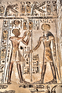 Relief, Pharaoh on left, God Horus on the right, Temple of Khonsu, Karnak Temple Complex, UNESCO World Heritage Site, Luxor, Thebes, Egypt, North Africa, Africa