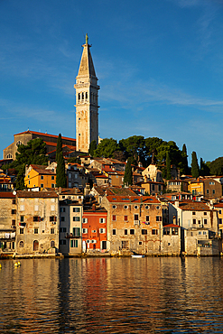 Waterfront and Tower of Church of St. Euphemia, Old Town, Rovinj, Croatia, Europe