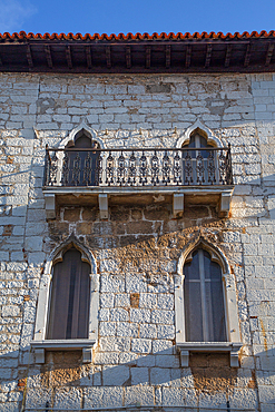 Windows in a stone building, Old Town, Porec, Croatia, Europe