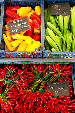 Vegetables including okra, paprika and chilli for sale, Viktualienmakt (Market), Old Town, Munich, Bavaria, Germany, Europe