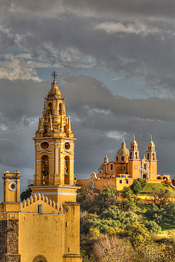 Stormy Weather, Convent of San Gabriel Arcangel in the foreground, Church de Nuestra Senora de los Remedios in the background, Cholula, Puebla State, Mexico, North America