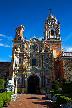 Facade of Polychromed Baroque Decoration with Talavera Azulejos, Church of San Francisco Acatepec, founded mid-16th century, San Francisco Acatepec, Puebla, Mexico, North America