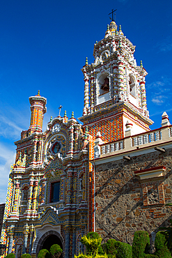 Facade of Polychromed Baroque Decoration with Talavera Azulejos, Church of San Francisco Acatepec, founded mid-16th century, San Francisco Acatepec, Puebla, Mexico, North America