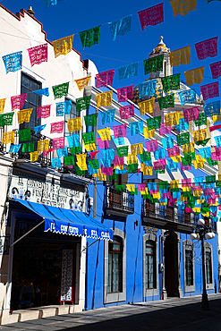 Street Scene, Church of San Cristobal (Background), Historic Center, UNESCO World Heritage Site, Puebla, Puebla State, Mexico, North America